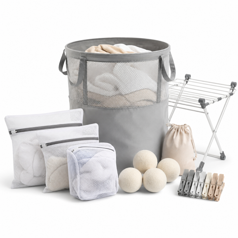 Get laundry done easier product-object cluster showing a laundry hamper, mesh laundry bags, dryer balls, and drying accessories for easier laundry routines.