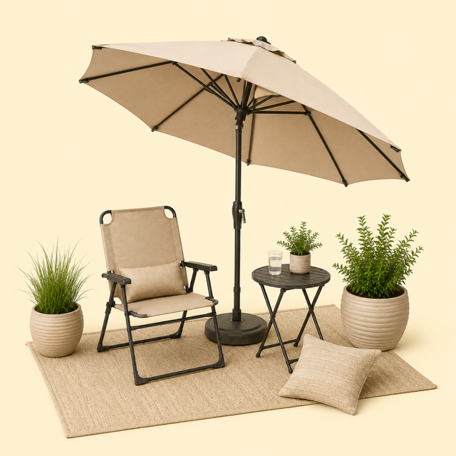 Patio & Shade route image showing tilted patio umbrella or compact shade canopy for browsing patio & shade products on OQANO Market.