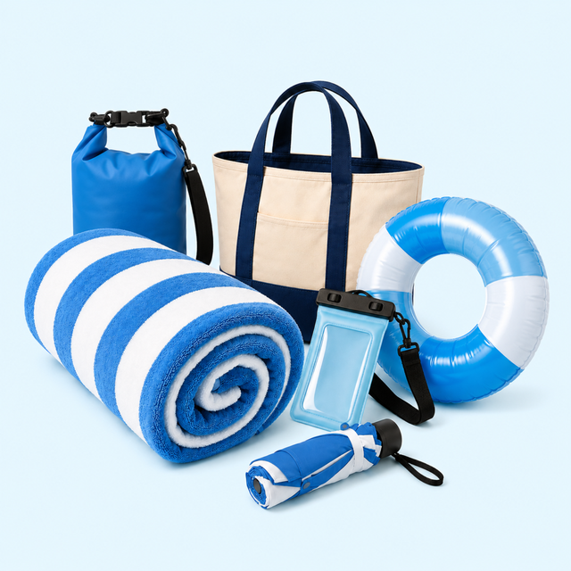 Beach & Pool route image showing rolled beach towel for browsing beach & pool products on OQANO Market.