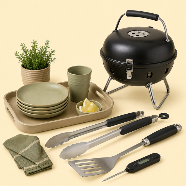 Grilling & Hosting route image showing grill-tool set with tongs and spatula for browsing grilling & hosting products on OQANO Market.