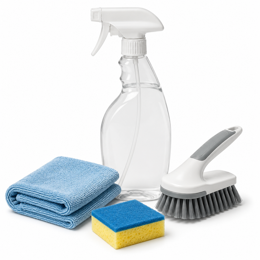 Clean faster at home product-object cluster showing a spray bottle, microfiber cloth, scrub brush, and sponge for faster home cleaning.