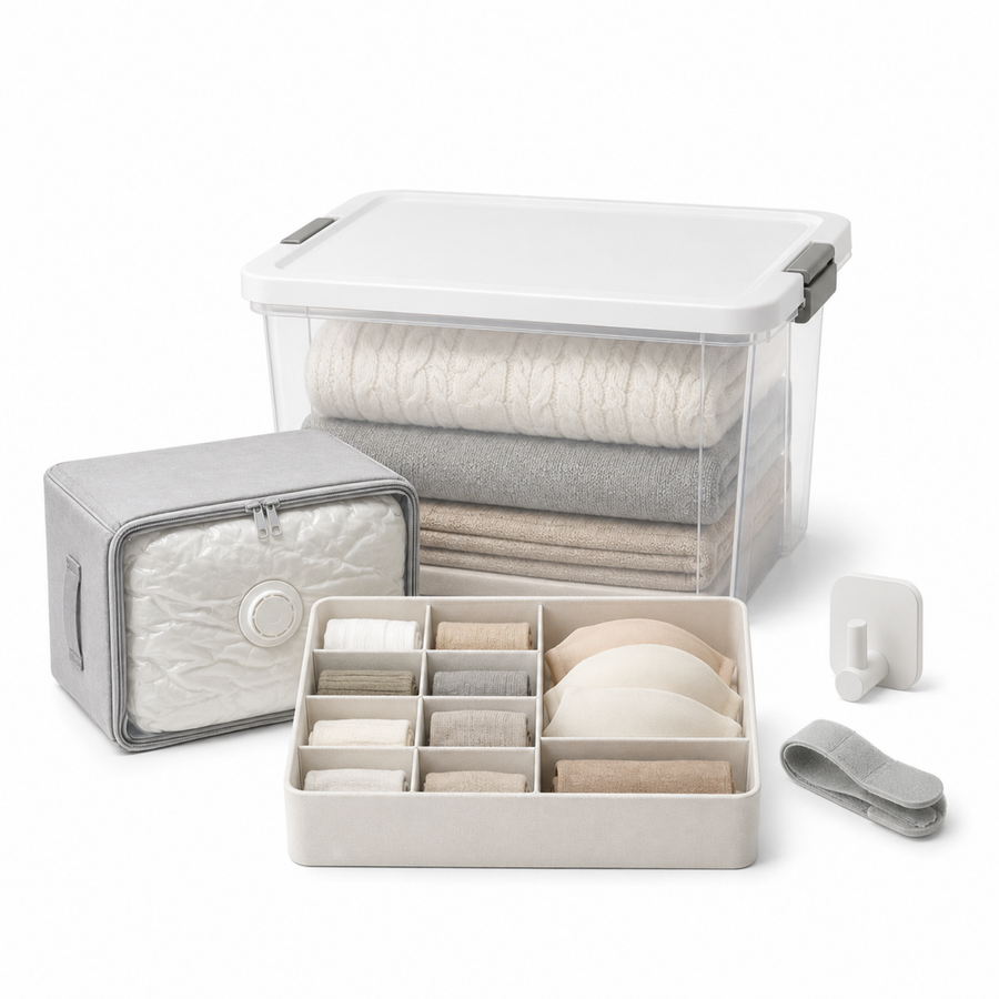 Save space at home product-object cluster showing a clear storage bin, drawer organizer, vacuum storage bag, and wall hook for compact home storage.