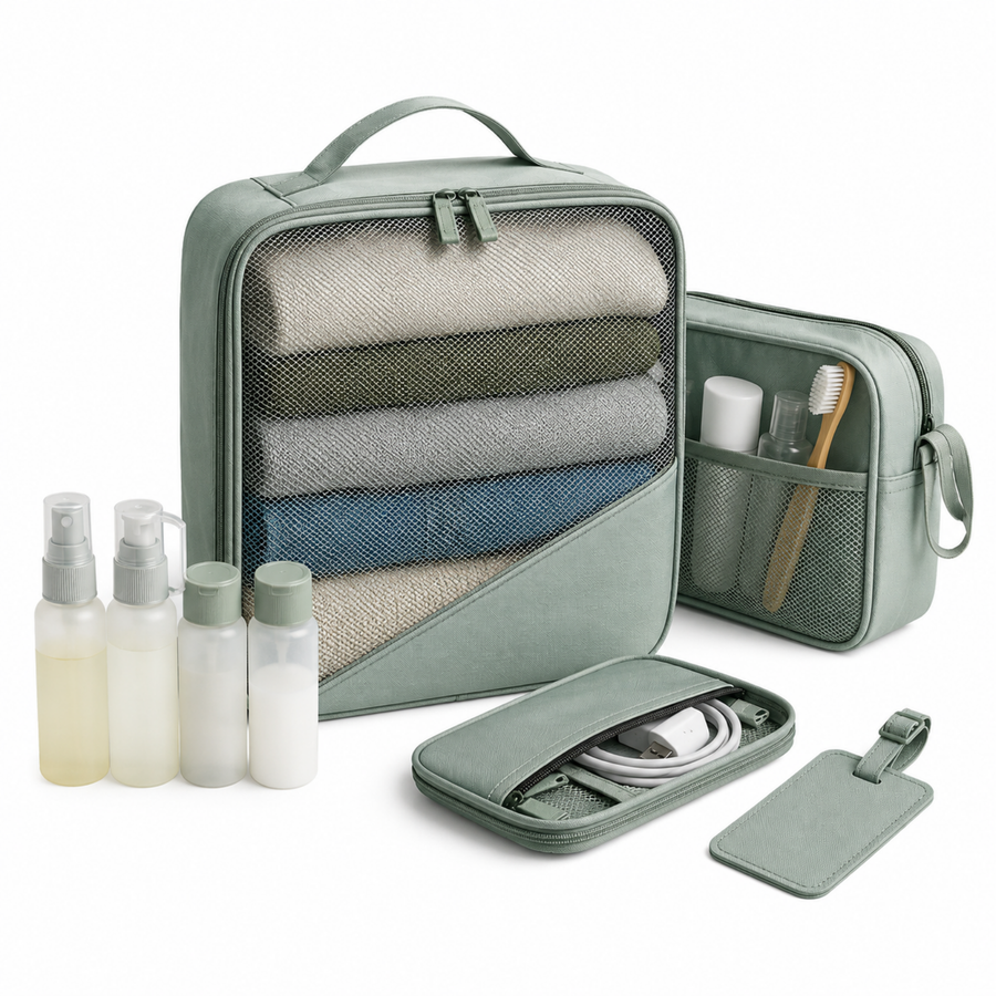 Pack smarter for travel product-object cluster showing a packing cube, toiletry pouch, travel bottles, and cable pouch for organized travel packing.