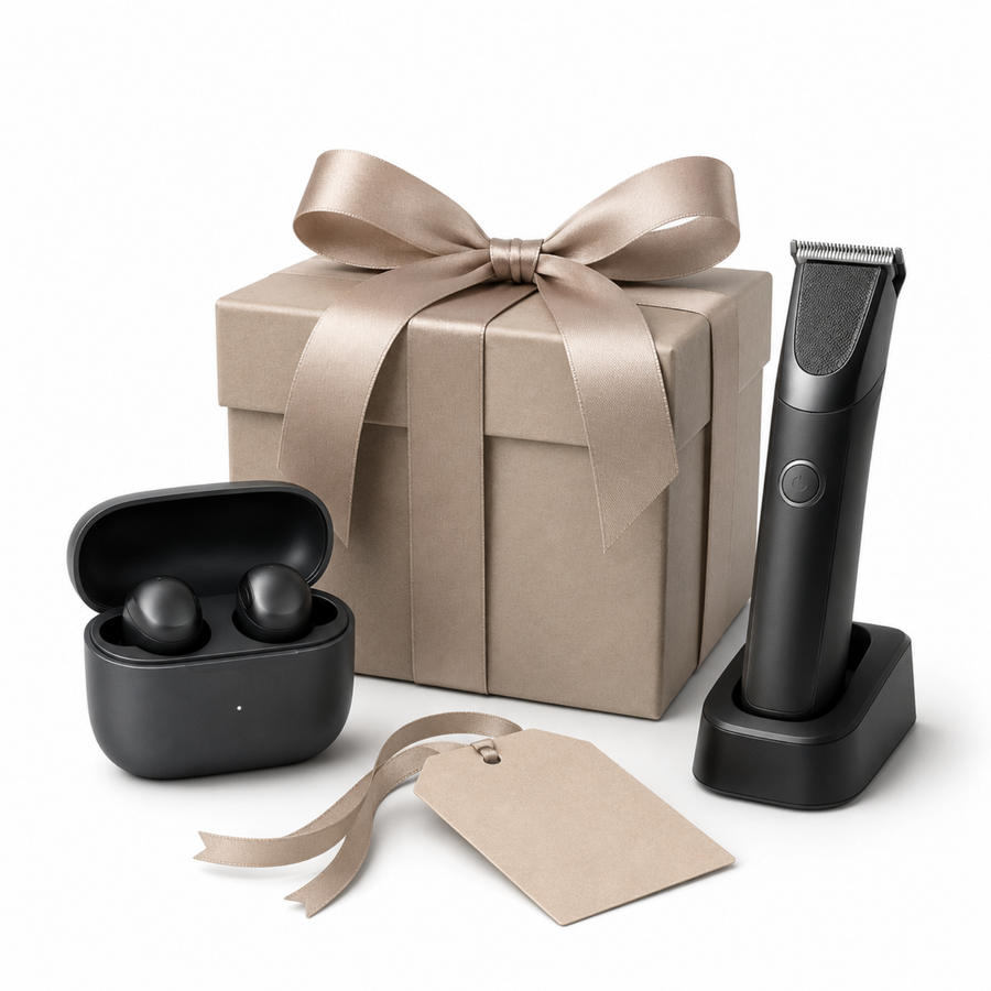 Find practical gifts product-object cluster showing a gift box, compact tech accessory, useful personal-care object, and blank tag for practical gift shopping.