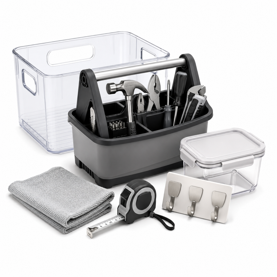 Set up a new home product-object cluster showing a starter tool kit, storage bin, kitchen container, and microfiber cloth for practical new-home setup.