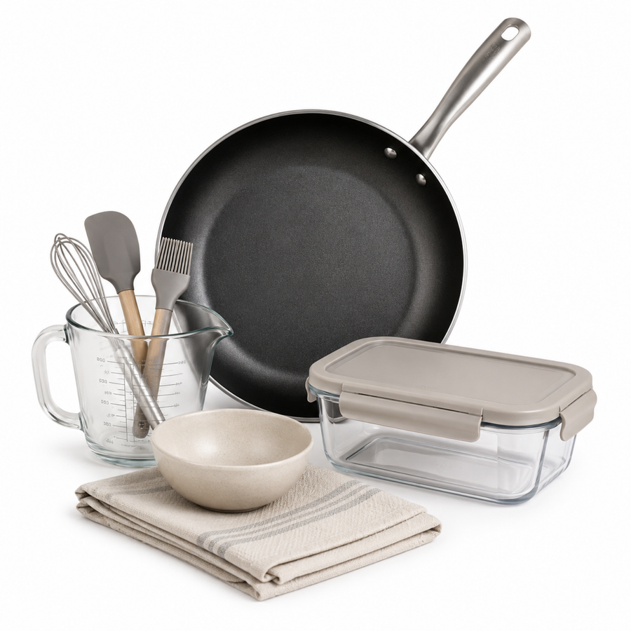 Cook, store, and prep product-object cluster showing a pan, food-storage container, measuring tool, and kitchen towel for everyday kitchen prep.