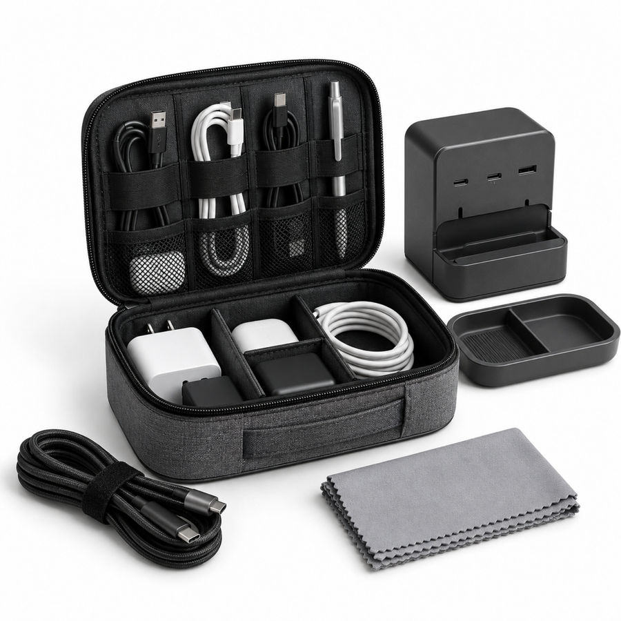 Work cleaner every day product-object cluster showing a desk organizer, cable wrap, charger hub, and screen cloth for a cleaner work setup.