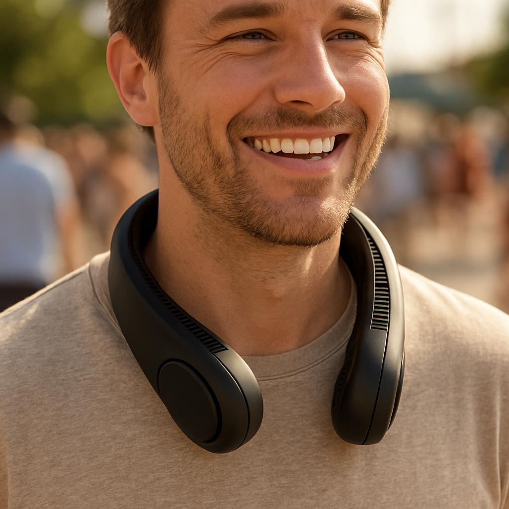 Person wearing the hands-free neck cooling fan
